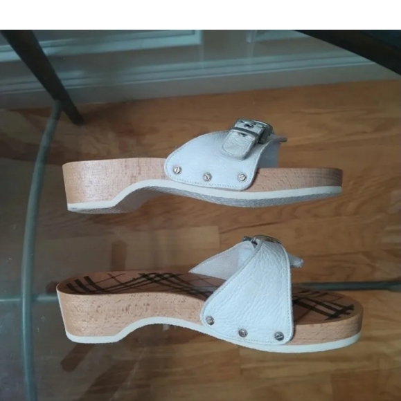 BURBERRY Nova Check Wooden Clog Buckle Slide Sandals Women's 38 White Leather - Picture 4 of 12